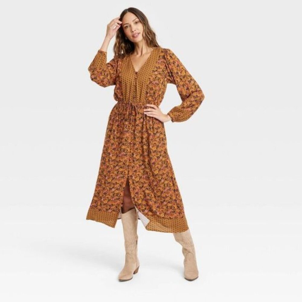Women's Long Sleeve Boho Button-Front Dress - Knox Rose Rust M